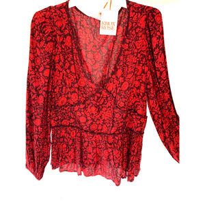 Knox Rose Women's Plus Long Sleeve Embroidered Blouse Red Floral 1X